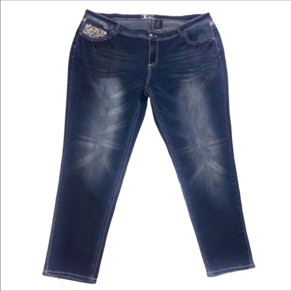 Soundgirl 24 denim blue medium wash faded straight leg embellished jeans